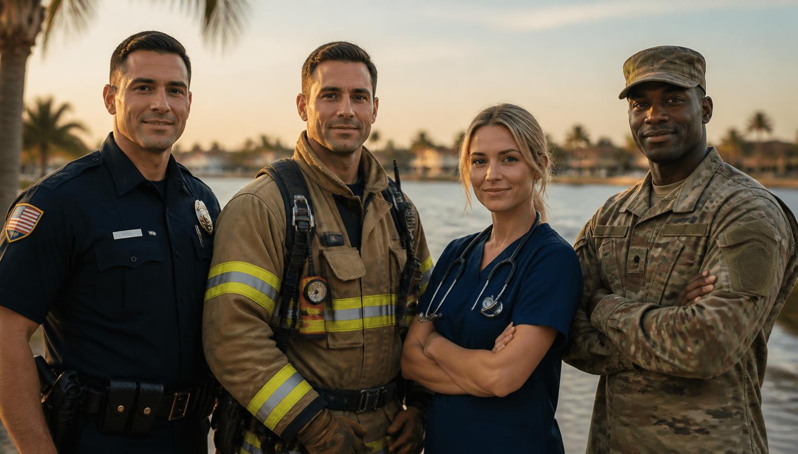 A police officer, firefighter, nurse and soldier standing together